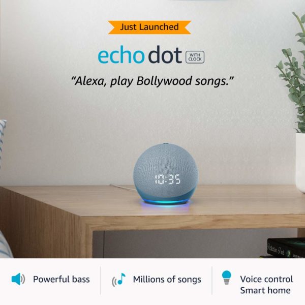 Echo Dot (4th Gen) with clock – Next generation smart speaker with powerful bass, LED display and Alexa (Blue)