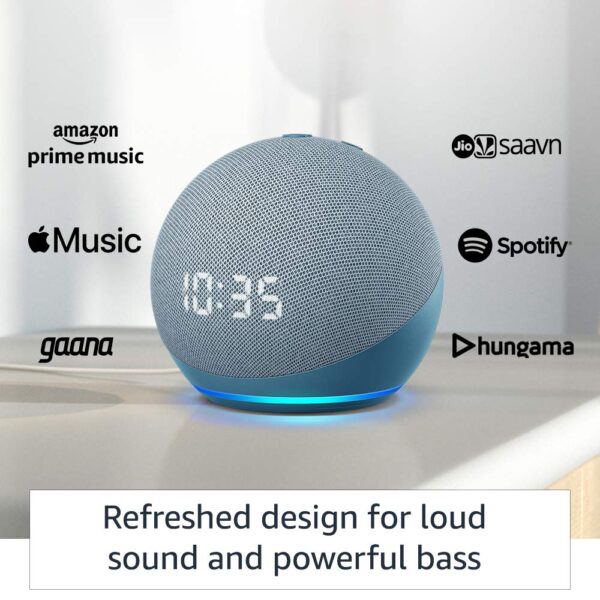 Echo Dot (4th Gen) with clock – Next generation smart speaker with powerful bass, LED display and Alexa (Blue)