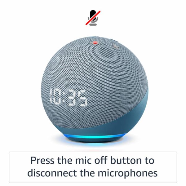 Echo Dot (4th Gen) with clock – Next generation smart speaker with powerful bass, LED display and Alexa (Blue)