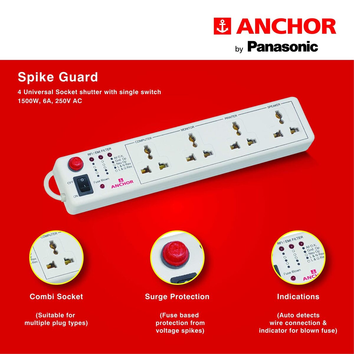 Anchor by Panasonic Spike Guard 4-Way Socket with Single Switch (White)