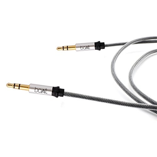 boAt Indestructible 3.5mm Male to Male Gold Plated Connectors, Metallic Aux Audio Cable, 1.5 Meter (Silver Metallic)