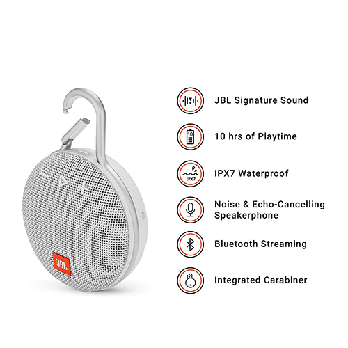 JBL Clip 3 Ultra-Portable Wireless Bluetooth Speaker (White)
