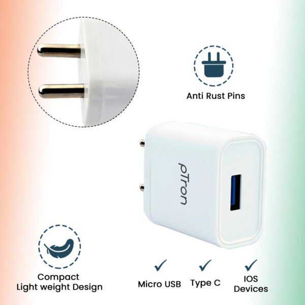 pTron Volta 12W Single USB Smart Charger with 2.4A Micro USB 1-Meter Cable,(White) 4