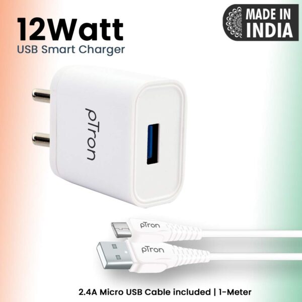 pTron Volta 12W Single USB Smart Charger with 2.4A Micro USB 1-Meter Cable,(White) 7