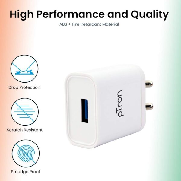 pTron Volta 12W Single USB Smart Charger with 2.4A Micro USB 1-Meter Cable,(White) 2