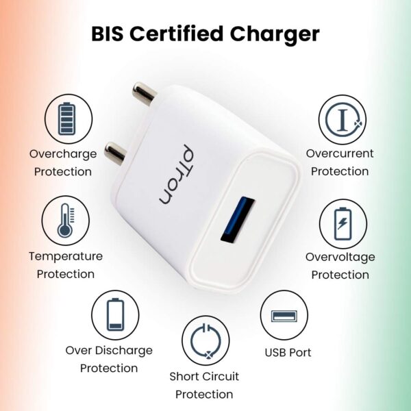 pTron Volta 12W Single USB Smart Charger with 2.4A Micro USB 1-Meter Cable,(White) 6