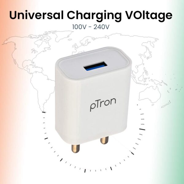 pTron Volta 12W Single USB Smart Charger with 2.4A Micro USB 1-Meter Cable,(White) 5