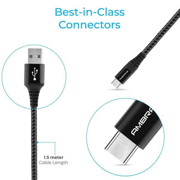Ambrane Unbreakable 60W / 3A Fast Charging 1.5m Braided Type C Cable (Black) 2