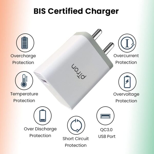 pTron Volta Elite QC3.0 18W USB Smart Charger (White & Grey) 3