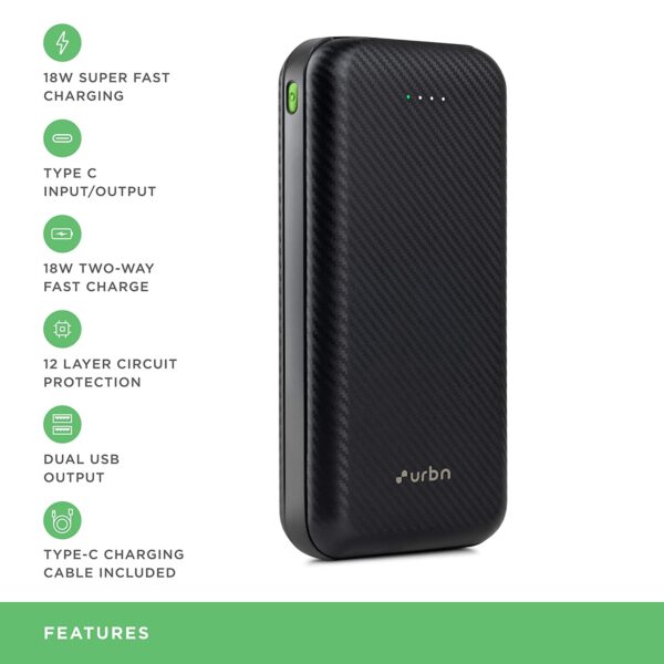 URBN 20000 mAh 18W Super Fast Charging Power Bank (Black) - DukanDwar