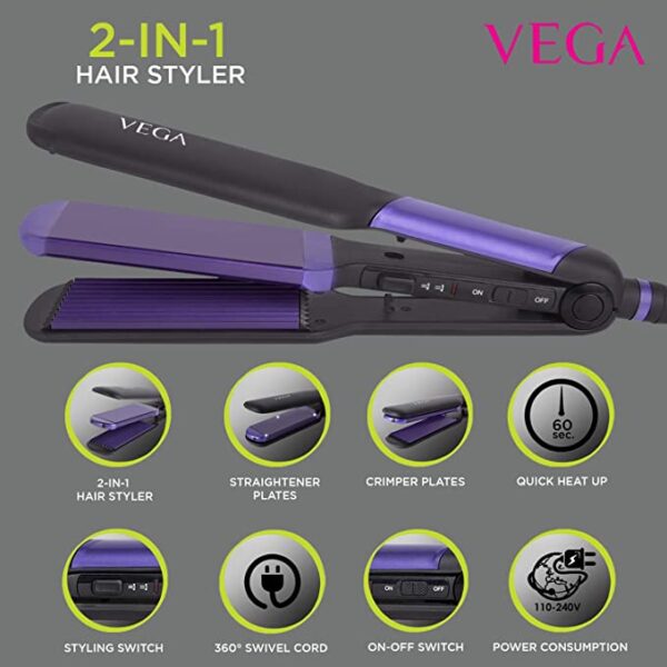 VEGA 2 in 1 Hair Styler-Straightener and Crimper Hair Styler (Black, Purple) 4
