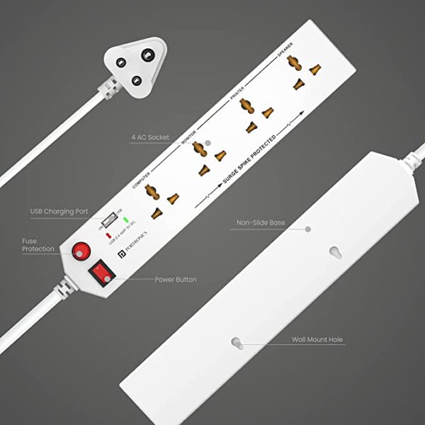 Portronics Power Plate 4 Extension Board with 1 USB (White) 2