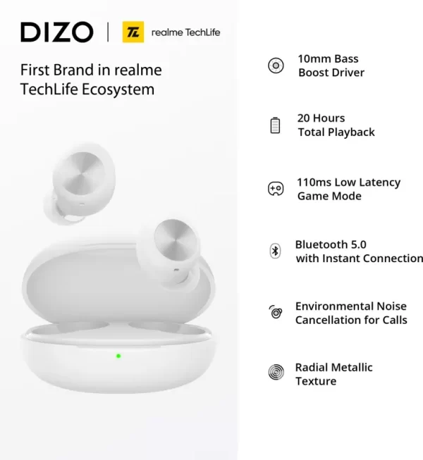 Realme Dizo Techlife Gopods D Bluetooth Truly Wireless Earbuds (White) 6