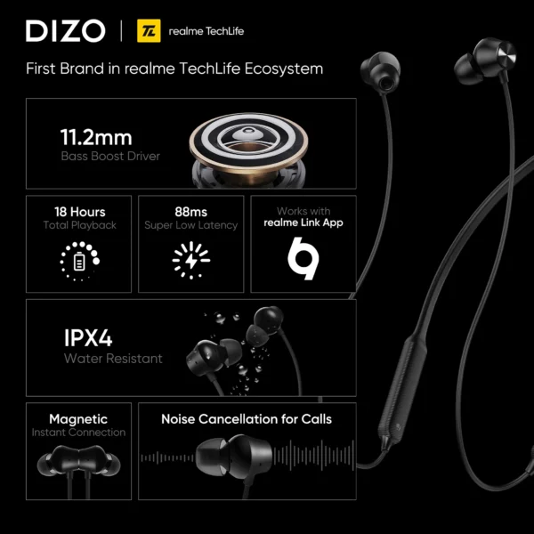Dizo by realme TechLife Wireless Power DA2125 Neckband (Black) 3